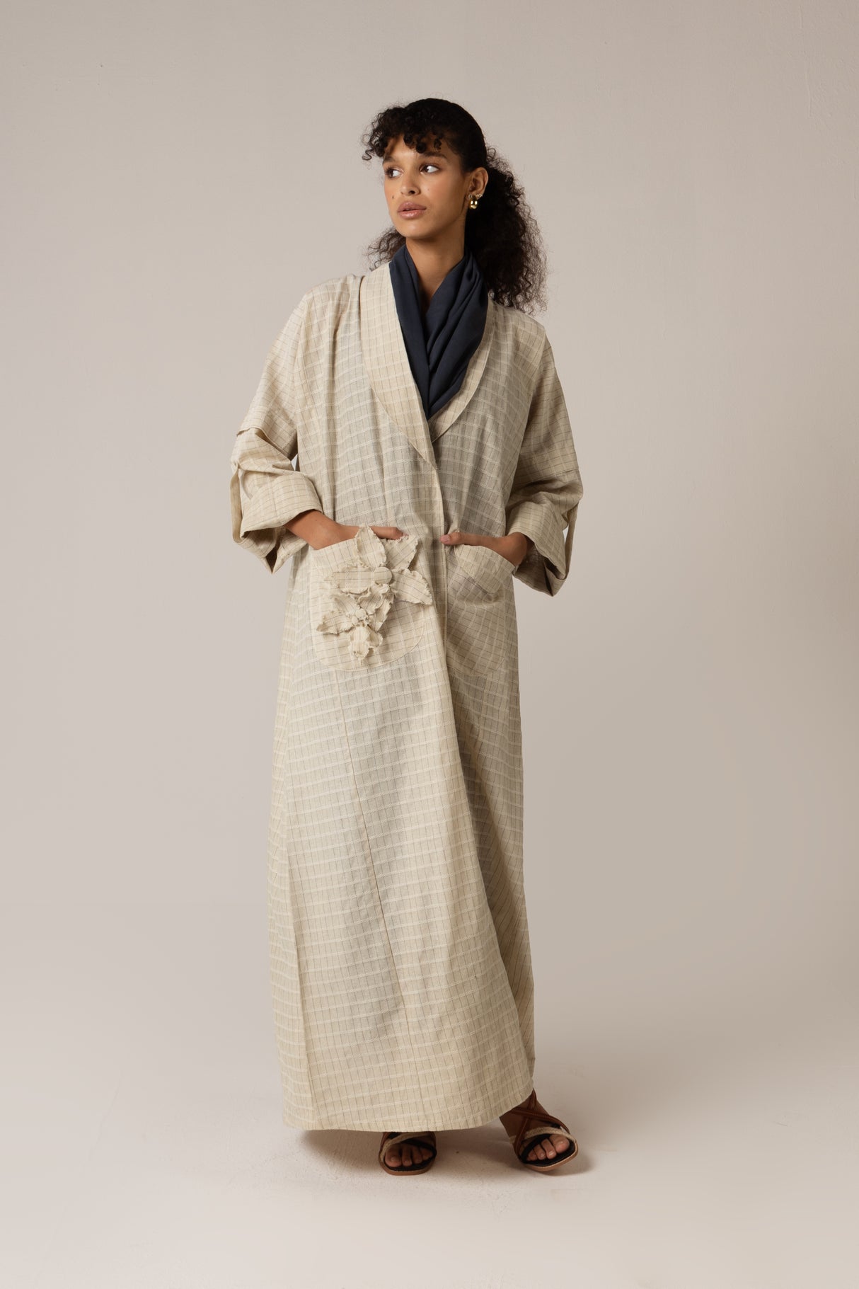 Cotton Abaya with Tonal Pattern and Floral Appliqué Pocket