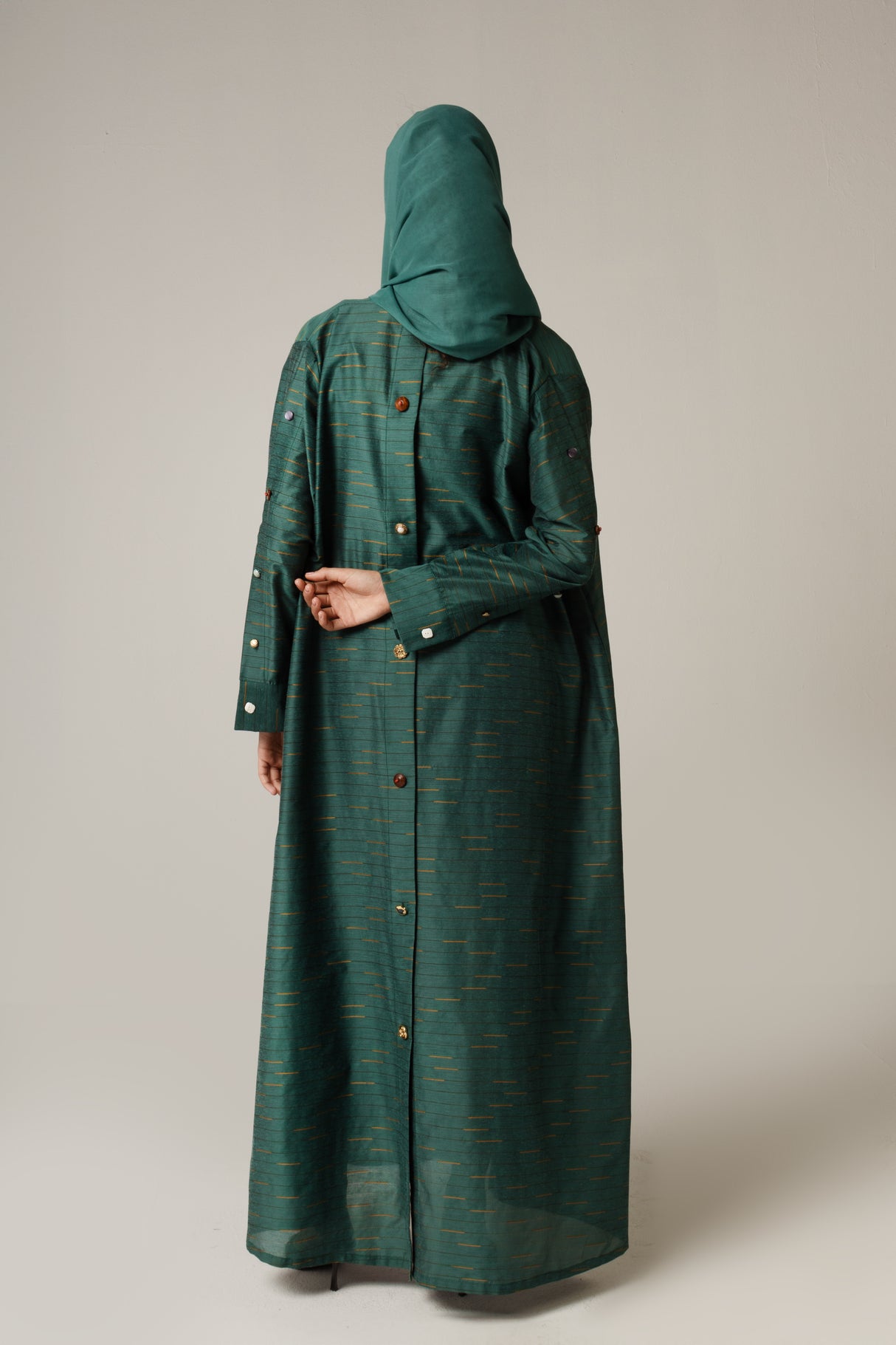 Green Striped Abaya with Decorative Buttons