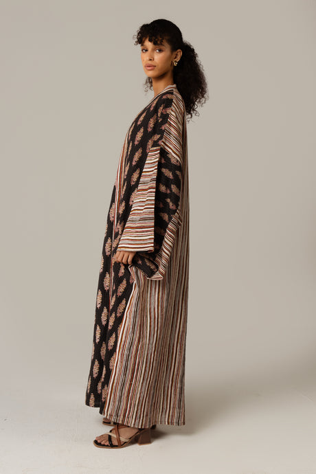 Printed Cotton Black Striped Mixed Print Kimono Abaya