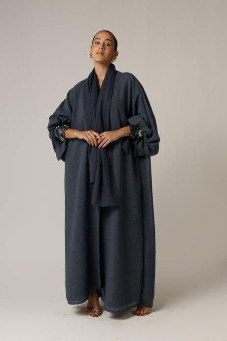 Navy Blue Abaya with Flower Beaded Details