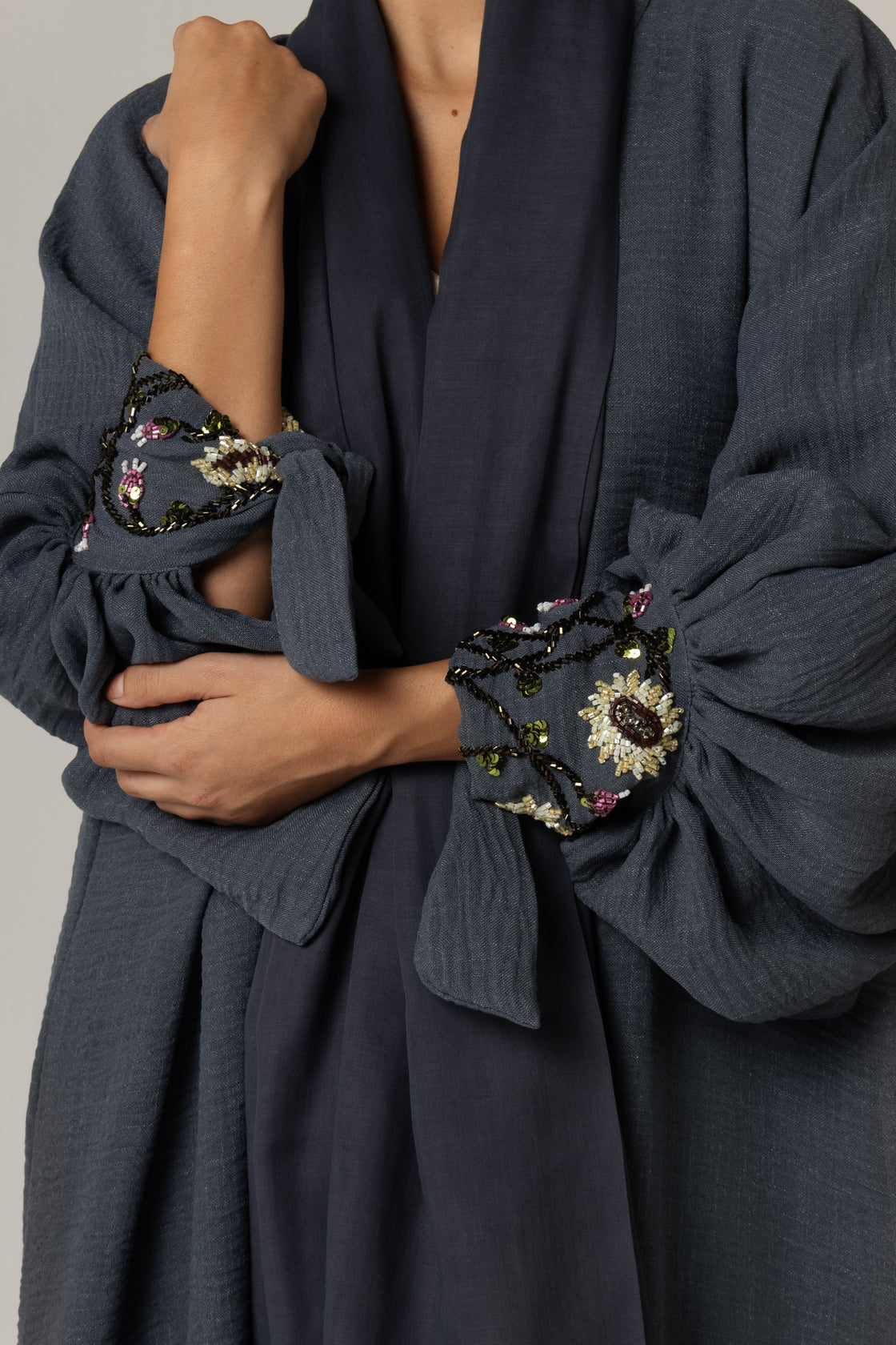 Navy Blue Abaya with Flower Beaded Details