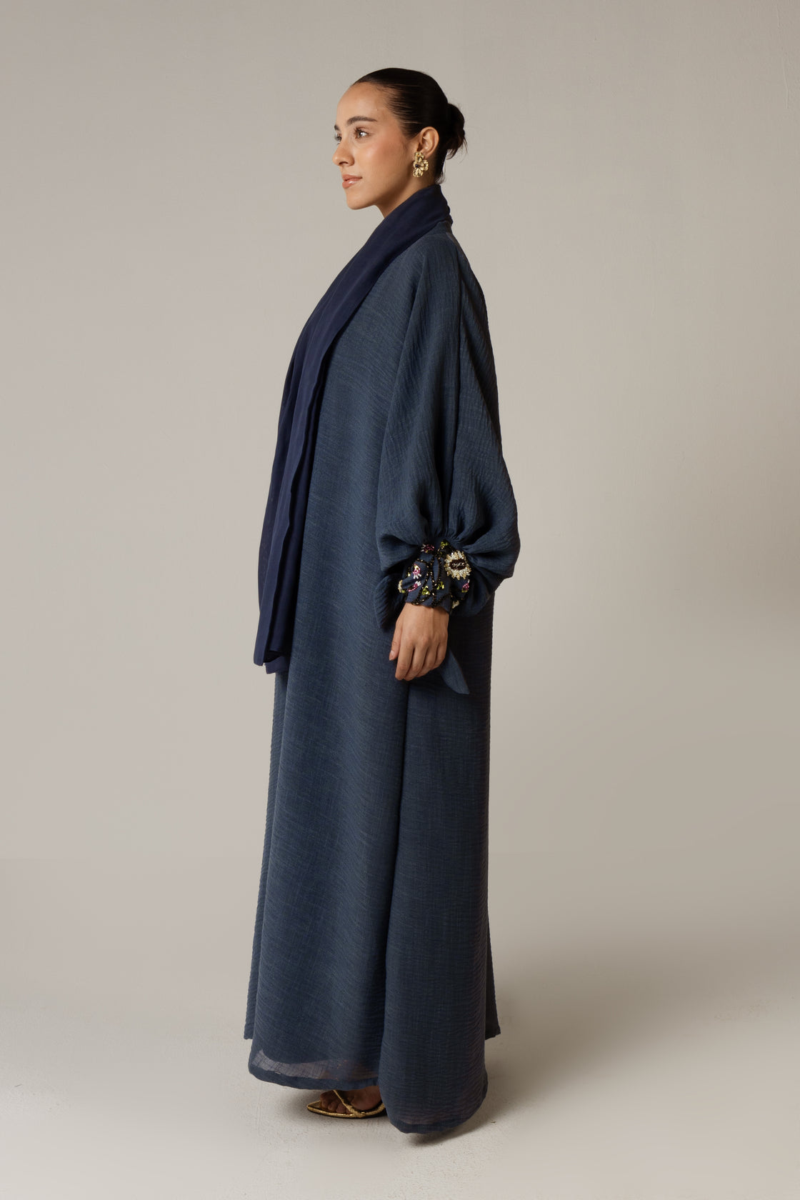 Navy Blue Abaya with Flower Beaded Details