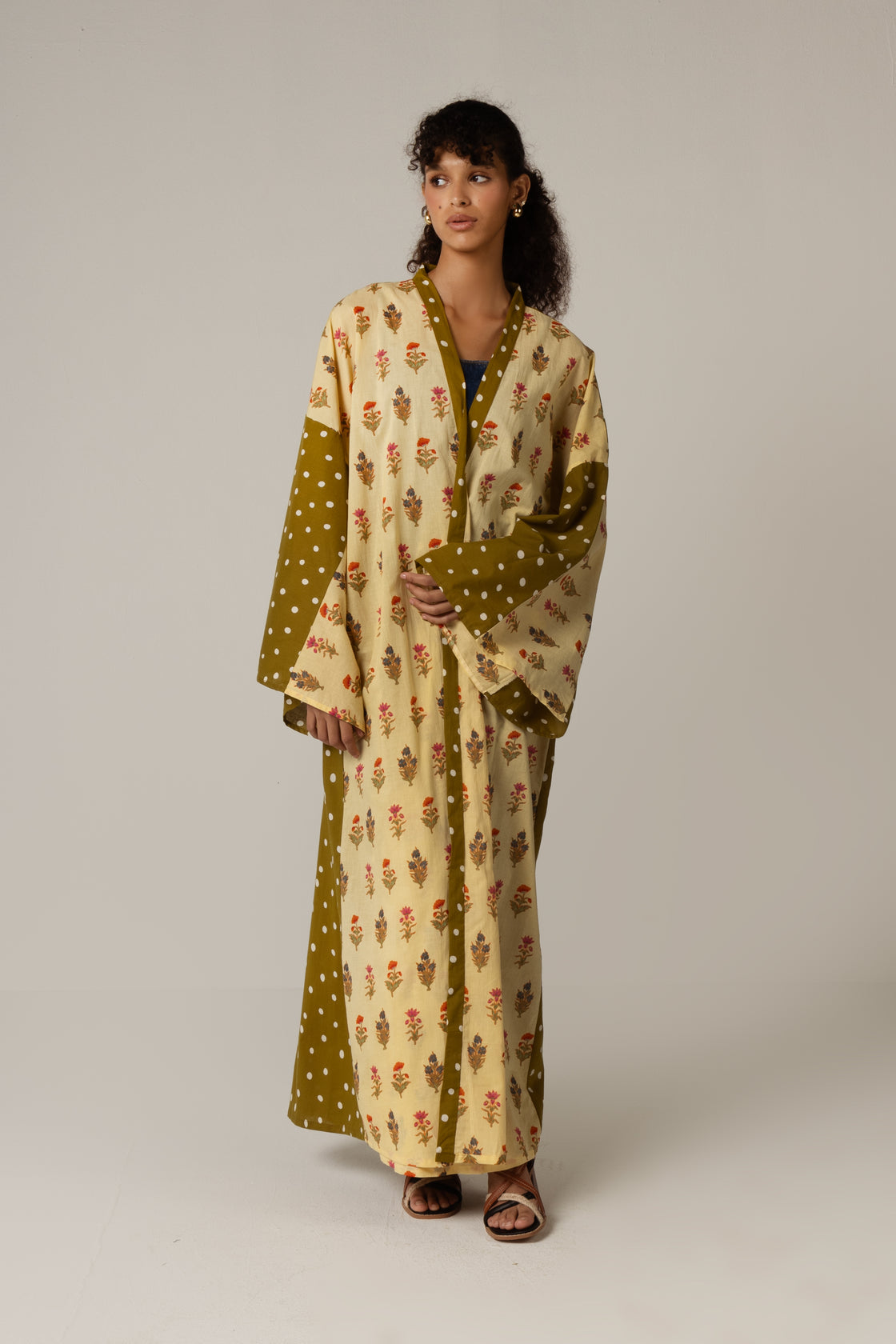 Printed Cotton Green Polka Dots Mixed Print Kimono Abaya