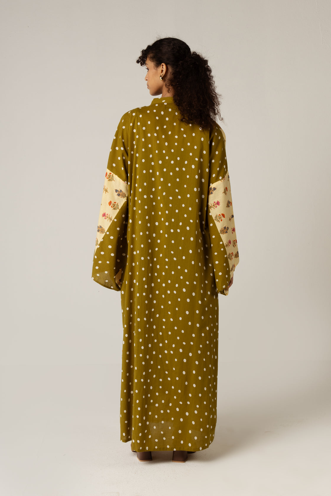 Printed Cotton Green Polka Dots Mixed Print Kimono Abaya