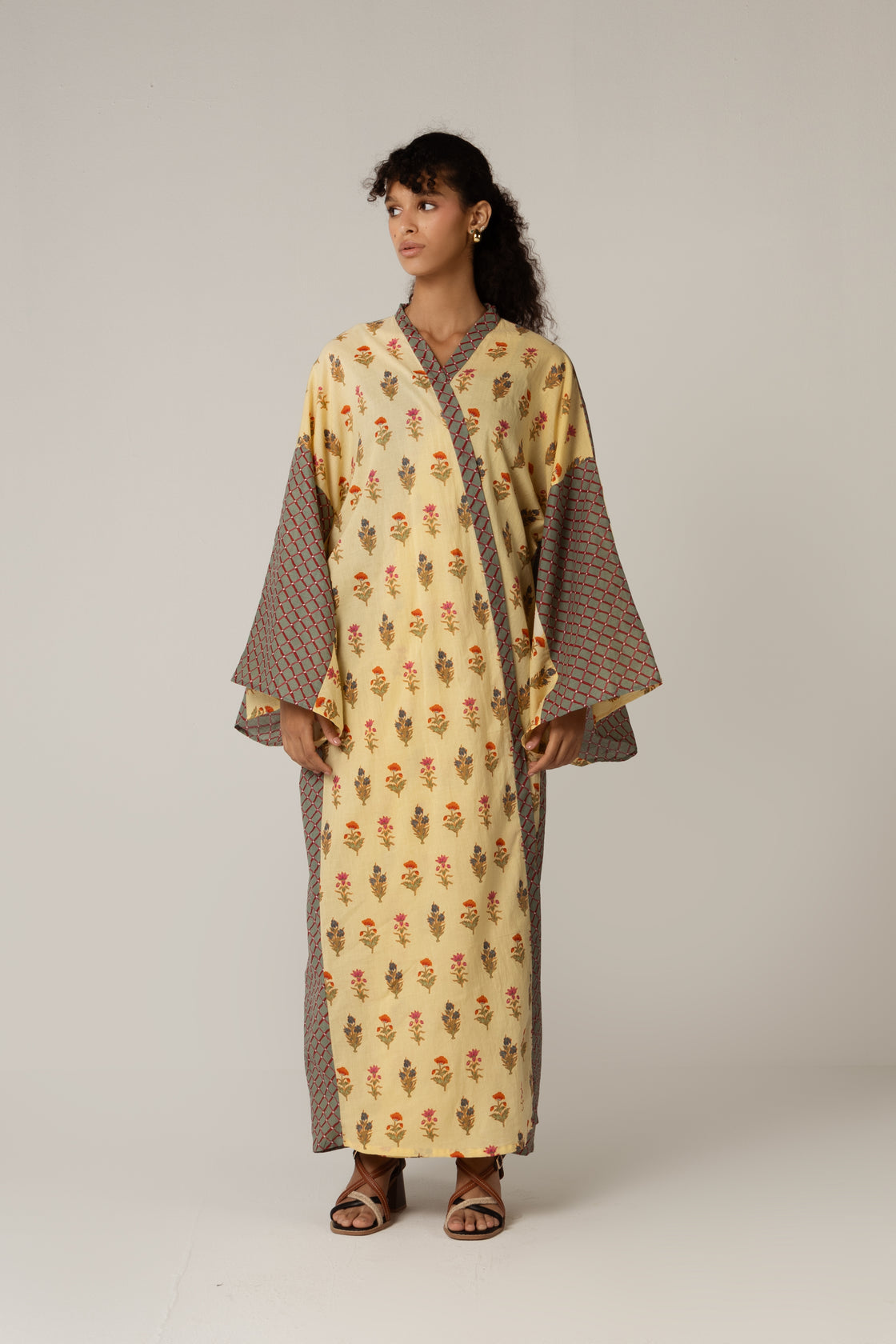 Printed Cotton Green Check Mixed Print Kimono Abaya