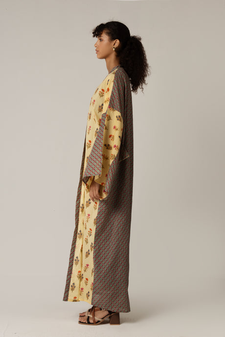 Printed Cotton Green Check Mixed Print Kimono Abaya