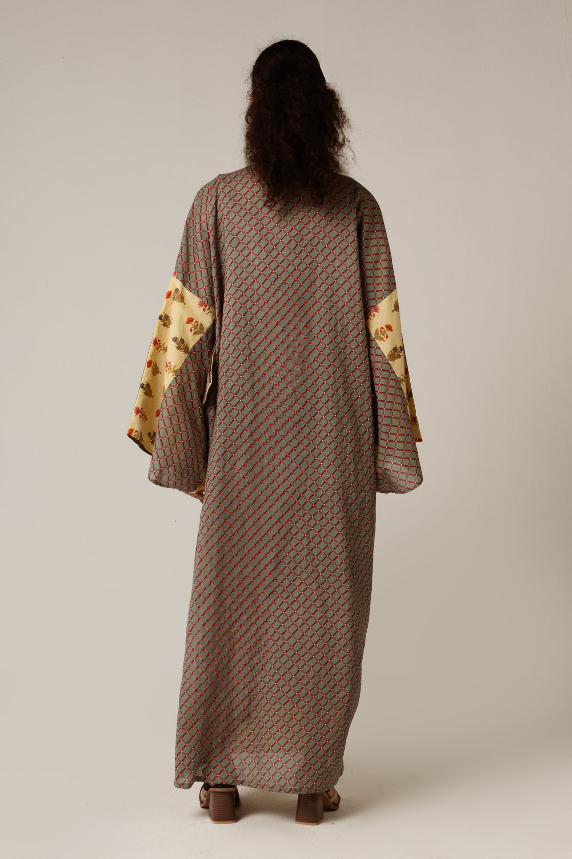 Printed Cotton Green Check Mixed Print Kimono Abaya