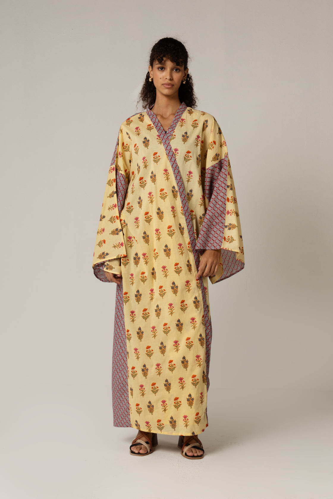 Printed Cotton Blue Check Mixed Print Kimono Abaya