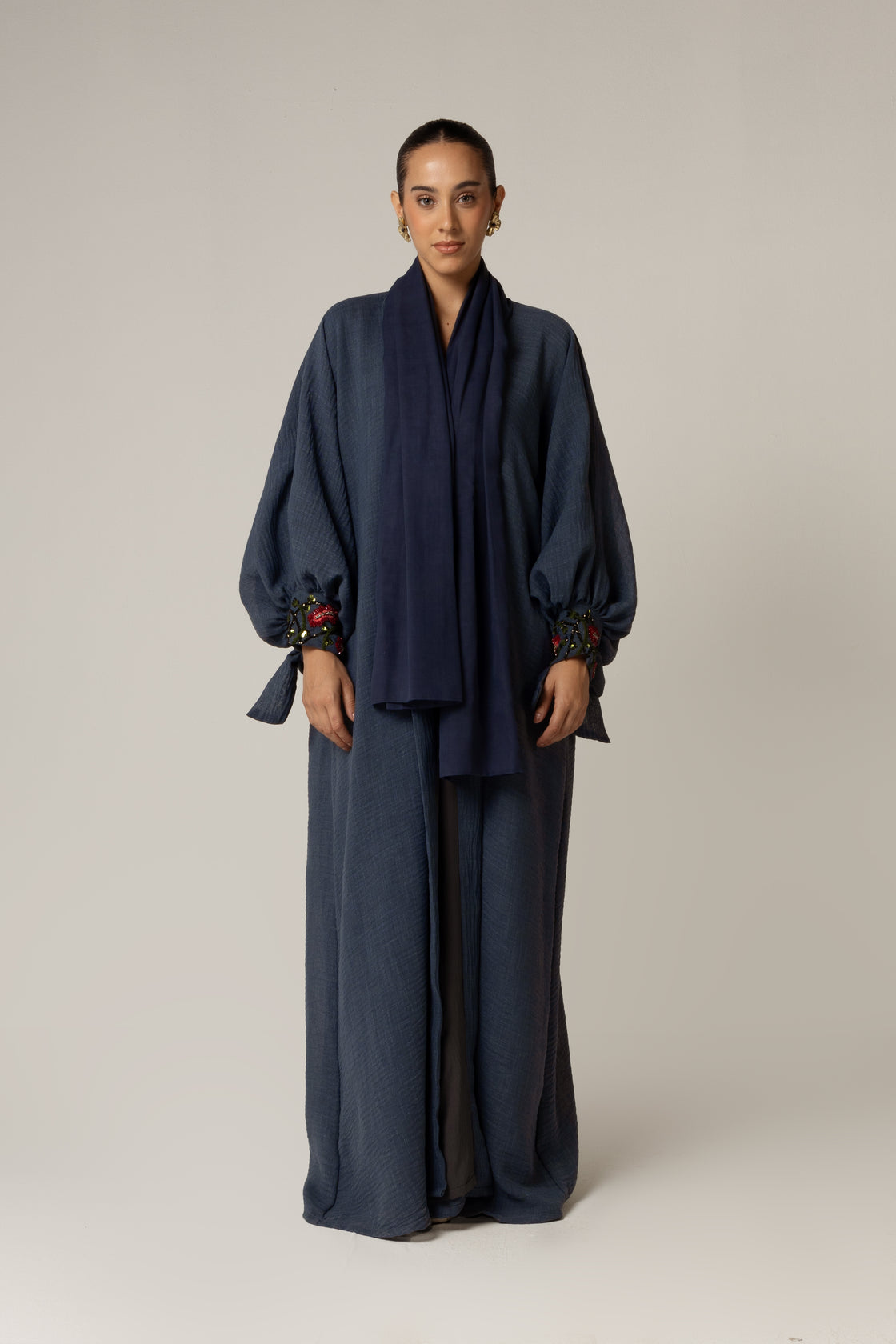 Navy Blue Abaya with Flower Beaded Details