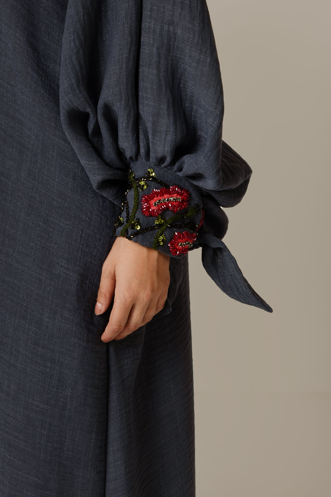 Navy Blue Abaya with Flower Beaded Details