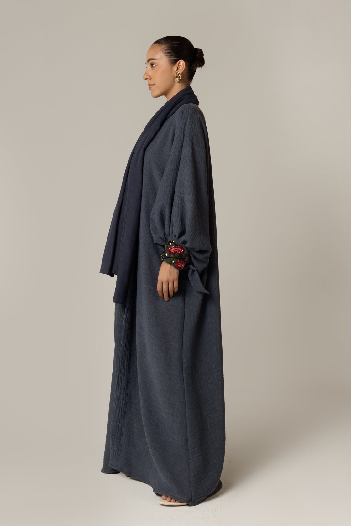 Navy Blue Abaya with Flower Beaded Details