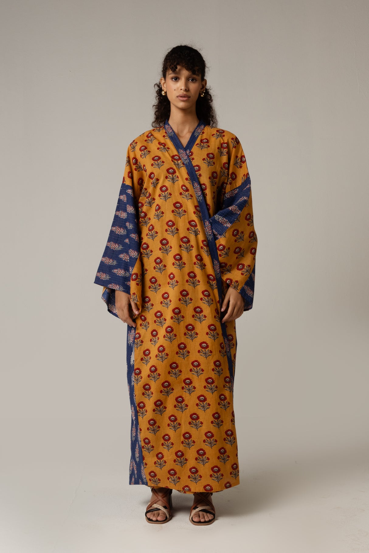 Printed Cotton Mustard and Blue Mixed Print Kimono Abaya