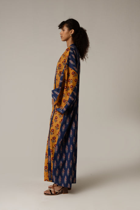 Printed Cotton Mustard and Blue Mixed Print Kimono Abaya