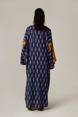 Printed Cotton Mustard and Blue Mixed Print Kimono Abaya