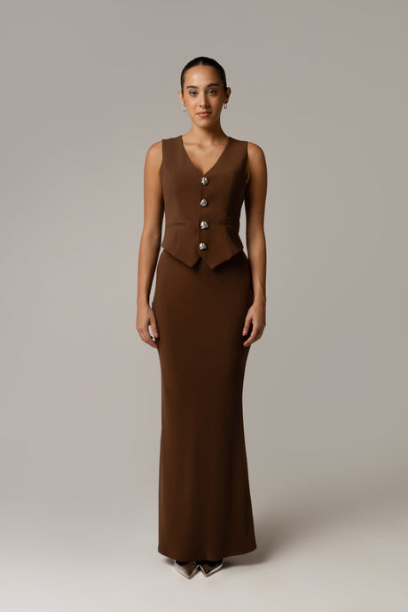 Crepe Co-ord Vest with Button Details in Brown