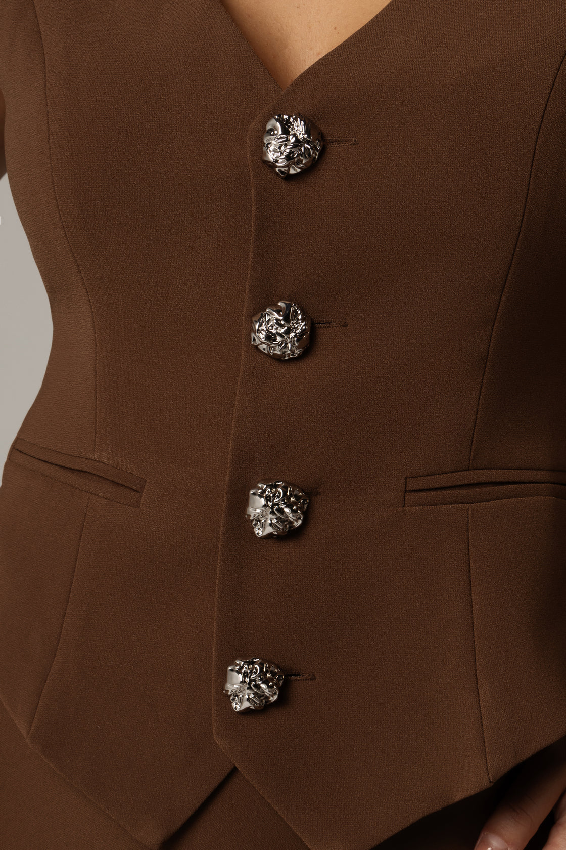 Crepe Co-ord Vest with Button Details in Brown