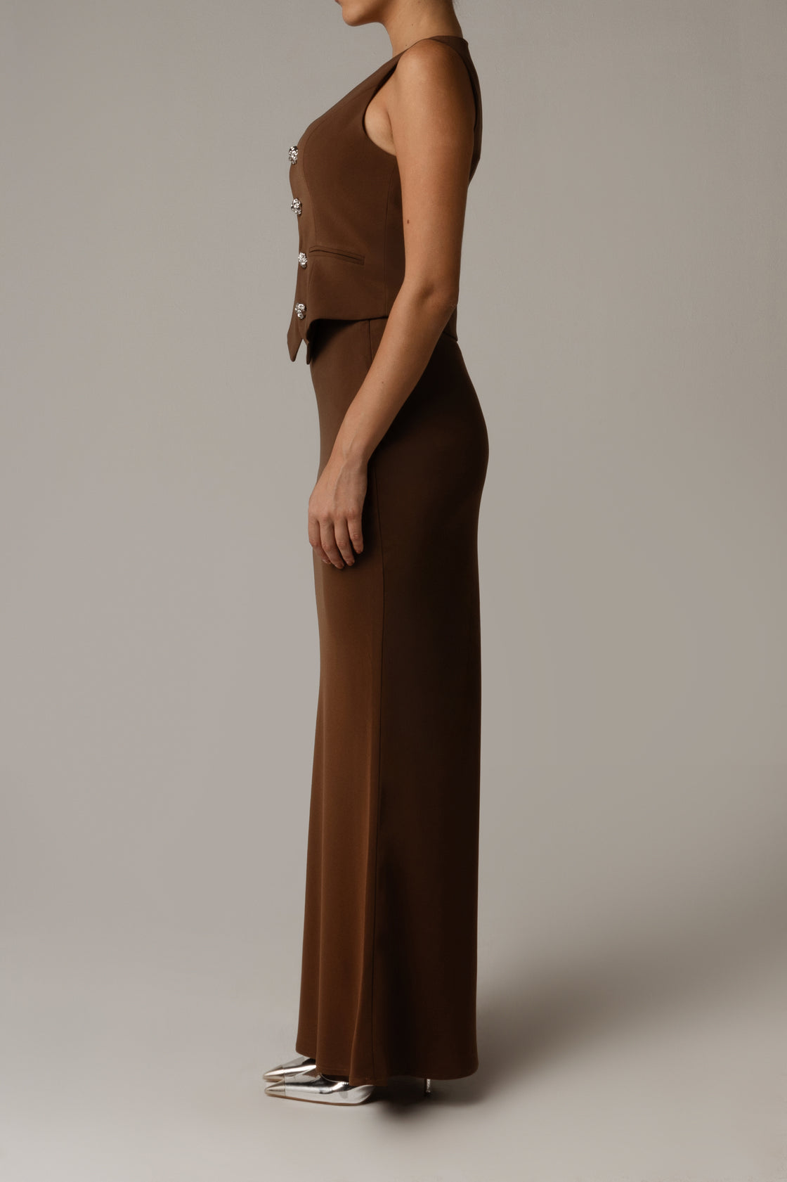 Crepe Co-ord Maxi Bias-Cut Maxi Skirt in Brown