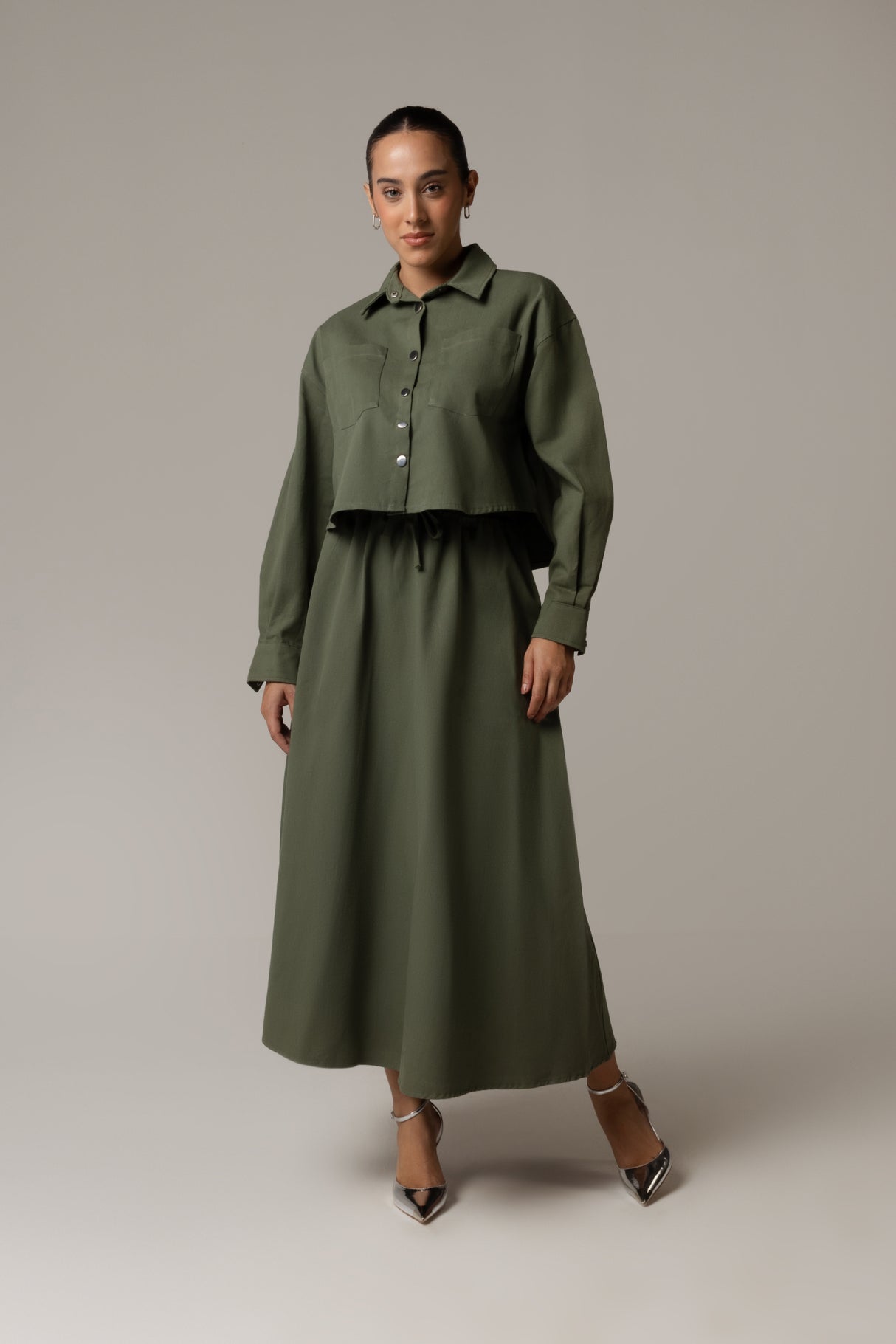 Twill Shirt & Skirt Set - Green