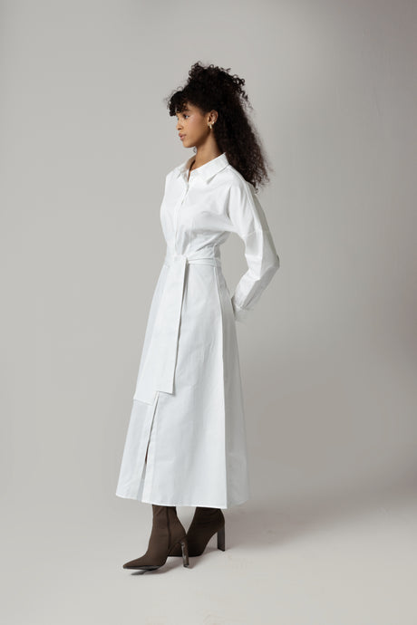 White Poplin Shirt Dress with Tie Belt