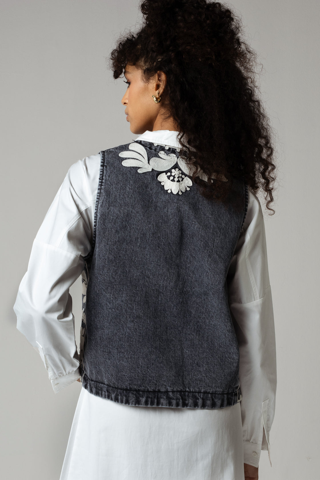 Embroidered Denim Vest in Black