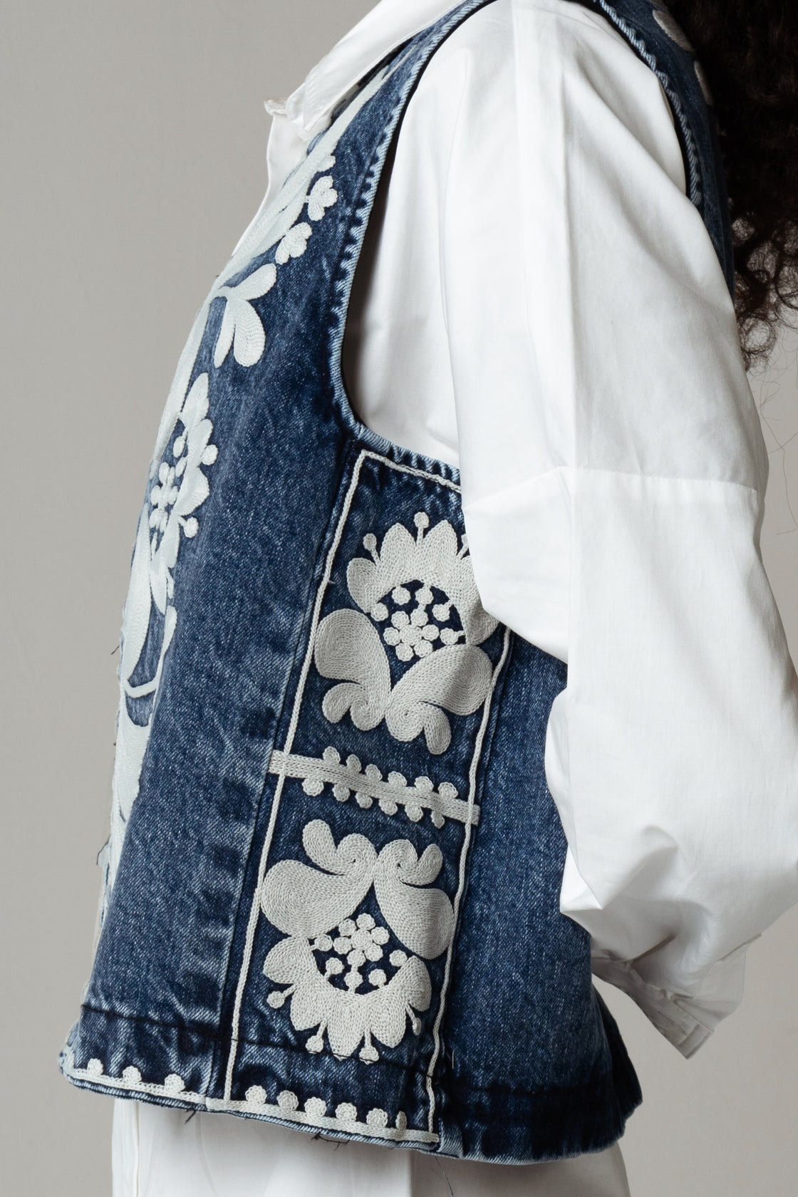 Embroidered Denim Vest in Blue