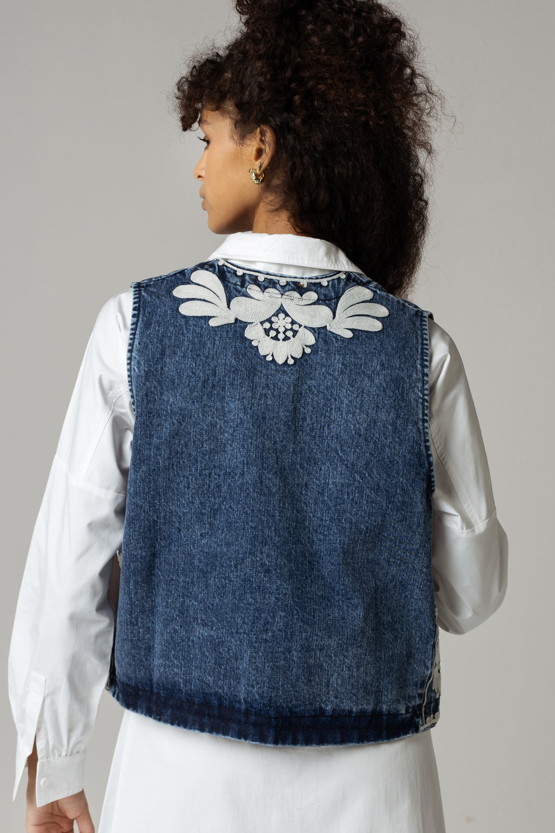 Embroidered Denim Vest in Blue