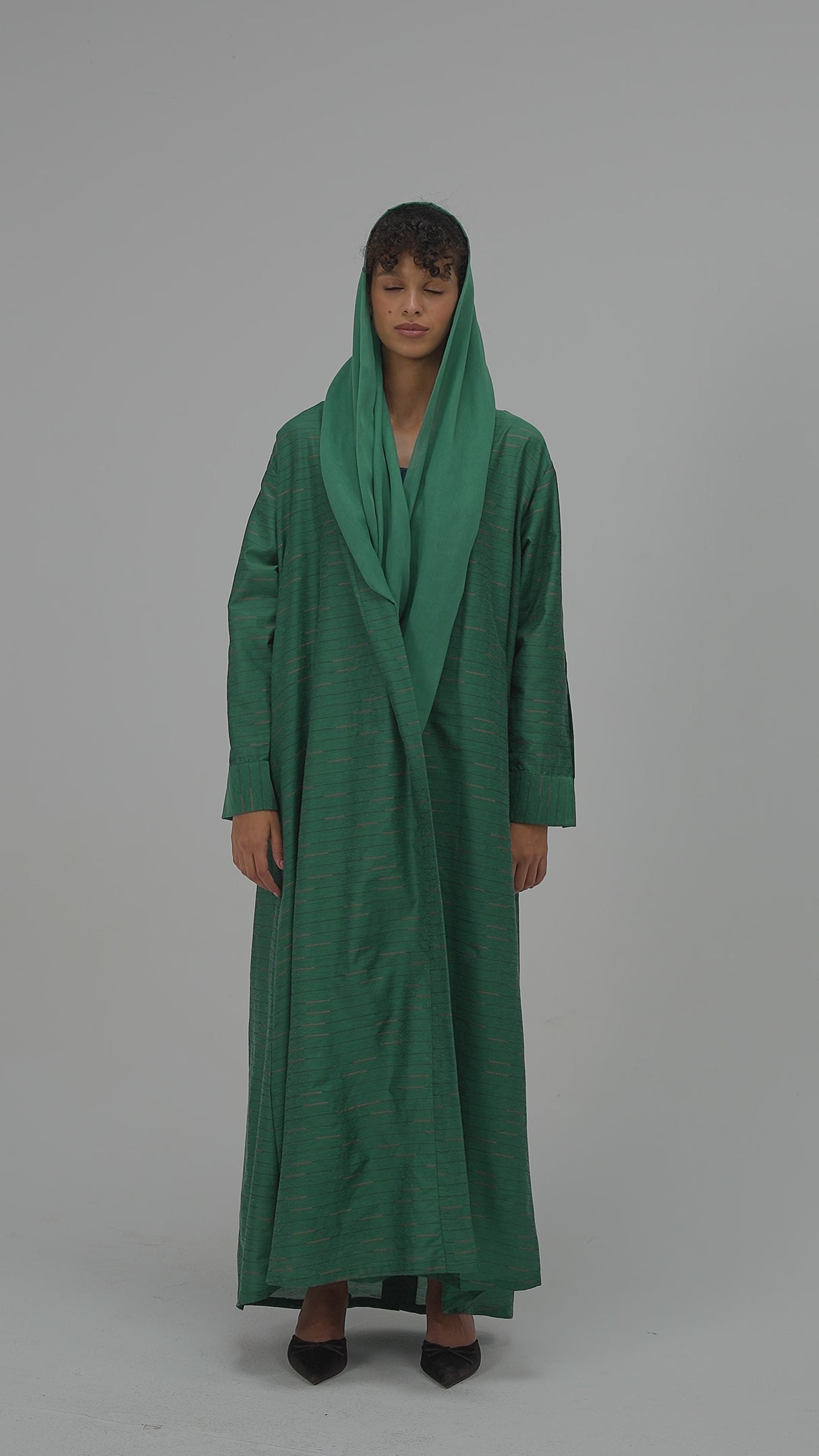 Green Striped Abaya with Decorative Buttons