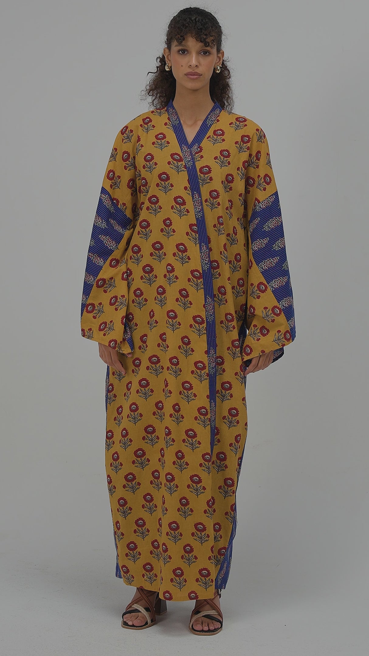 Printed Cotton Mustard and Blue Mixed Print Kimono Abaya